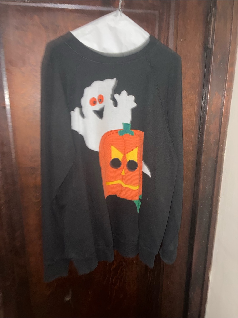 Kids Halloween Sweatshirt with Ghost & Pumpkin Graphic - Black